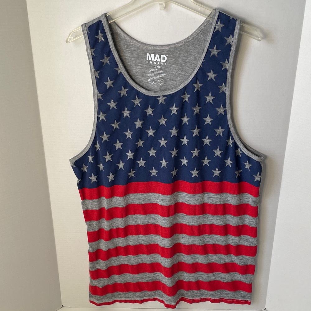 MAD Engine  Men's Size Large Gray Graphic Tank Top Flag USA